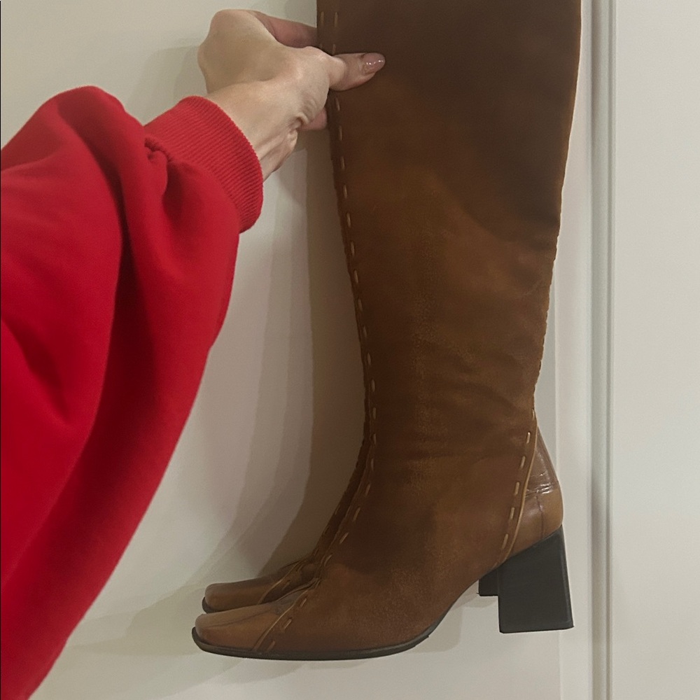Made In Italy Camel Tan Brushed Suede and Leather High Calf Heeled Boots - Picture 9 of 14